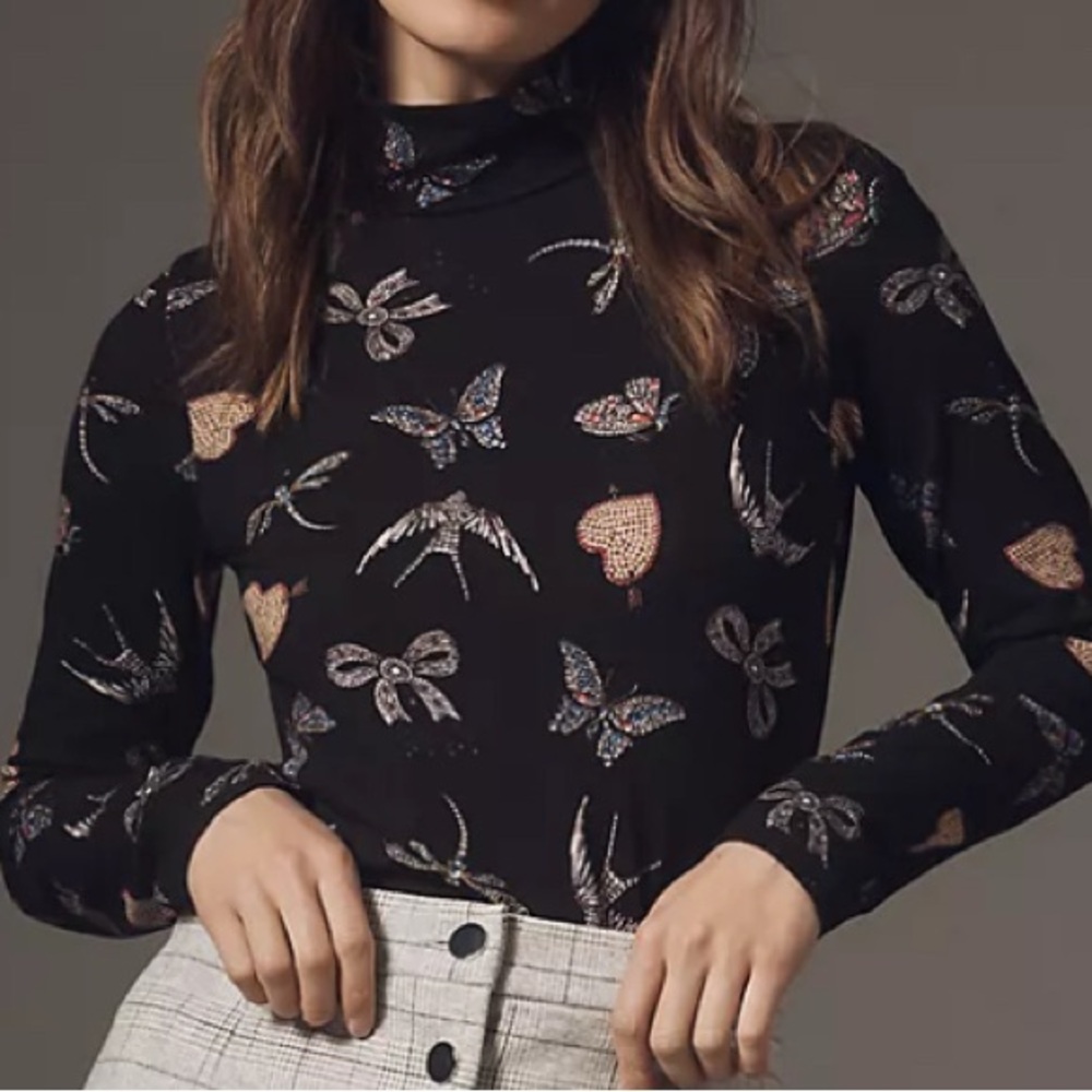 Anthropologie Black Long Sleeve Turtleneck with Butterfly and Hearts by Maeve - Picture 2 of 3